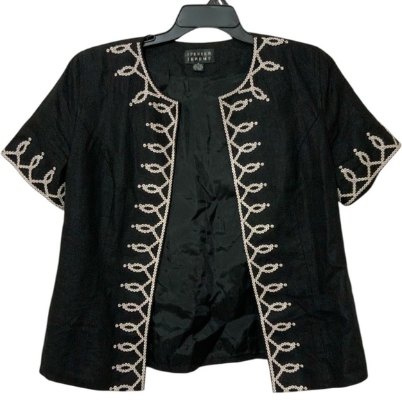 Vintage Spenser Jeremy Women’s Embellished Short Sleeve Linen Black Jacket Sz 12 - Picture 1 of 6